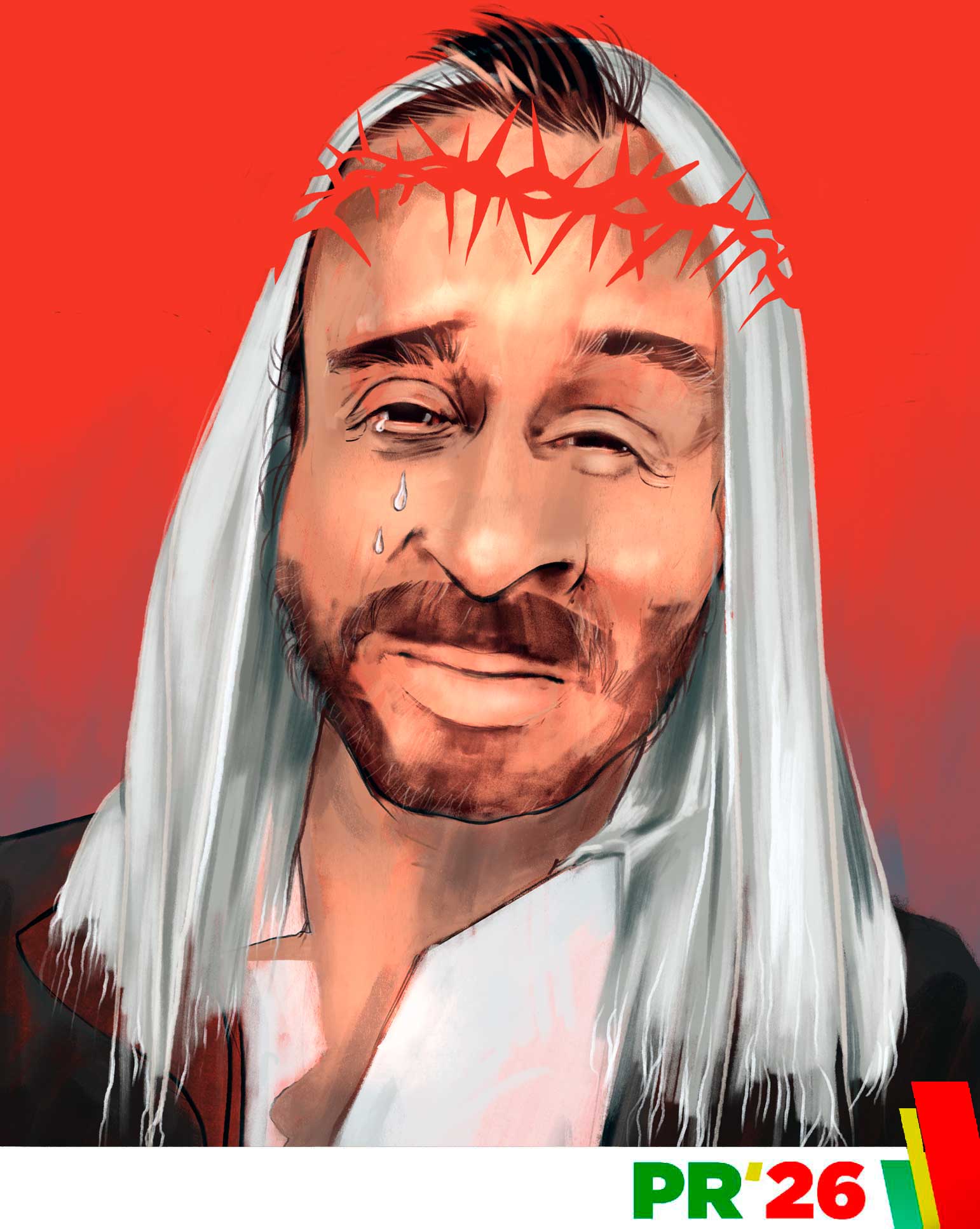 Tété Patranha, a caricature portrait depicting a satirical political figure with exaggerated features against a colored background. Text reading PR 26 appears at the bottom right. The tone is satirical and critical.