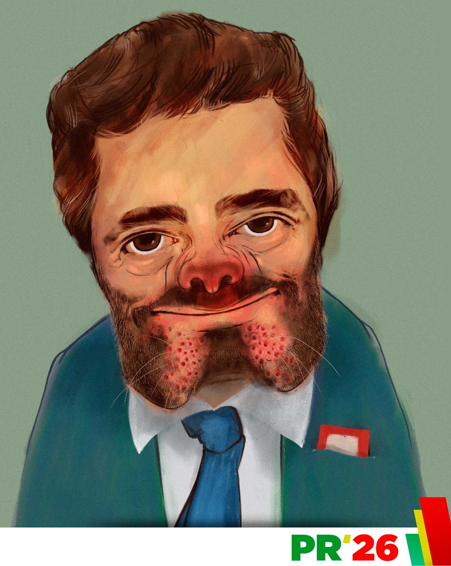 André Trulha, a bearded man with brown hair wearing a teal jacket and blue tie against a sage green background. He has an exaggerated caricature style with an enlarged nose and reddened facial features, depicting a satirical political portrait. Text reading PR 26 with green, red, and yellow coloring appears at the bottom right. The tone is satirical and critical.